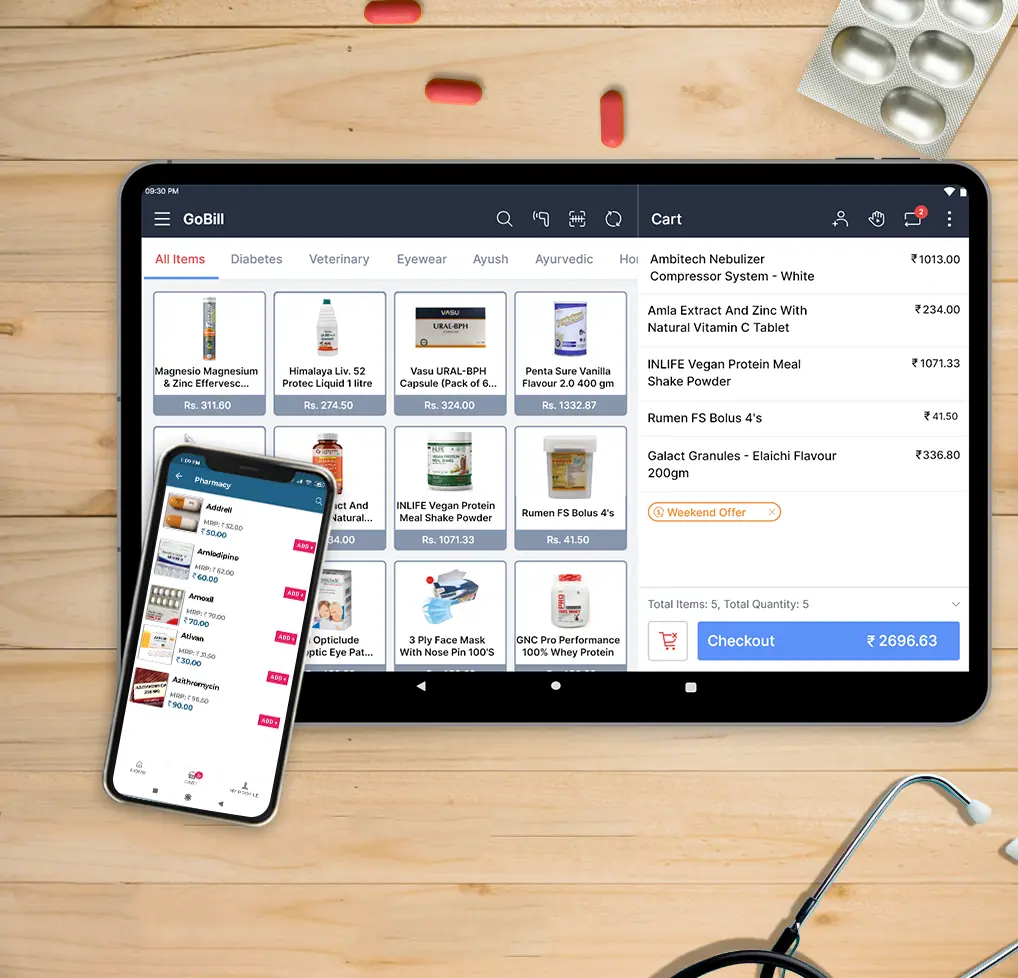 Pharmacy Retail POS Software Image shows the billing screen with easy user interface of medical shop billing software